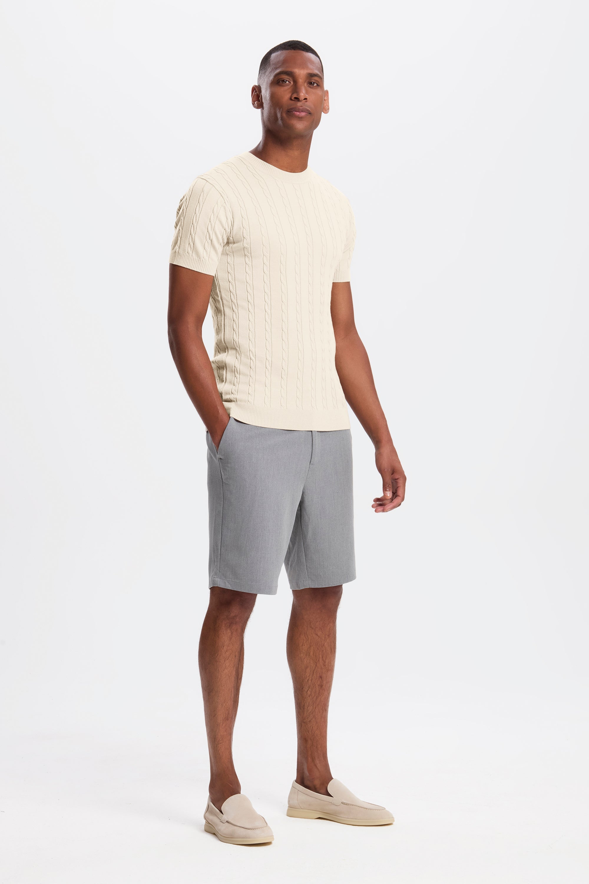 THE CABLE SHORT SLEEVE T-SHIRT - Oat Milk