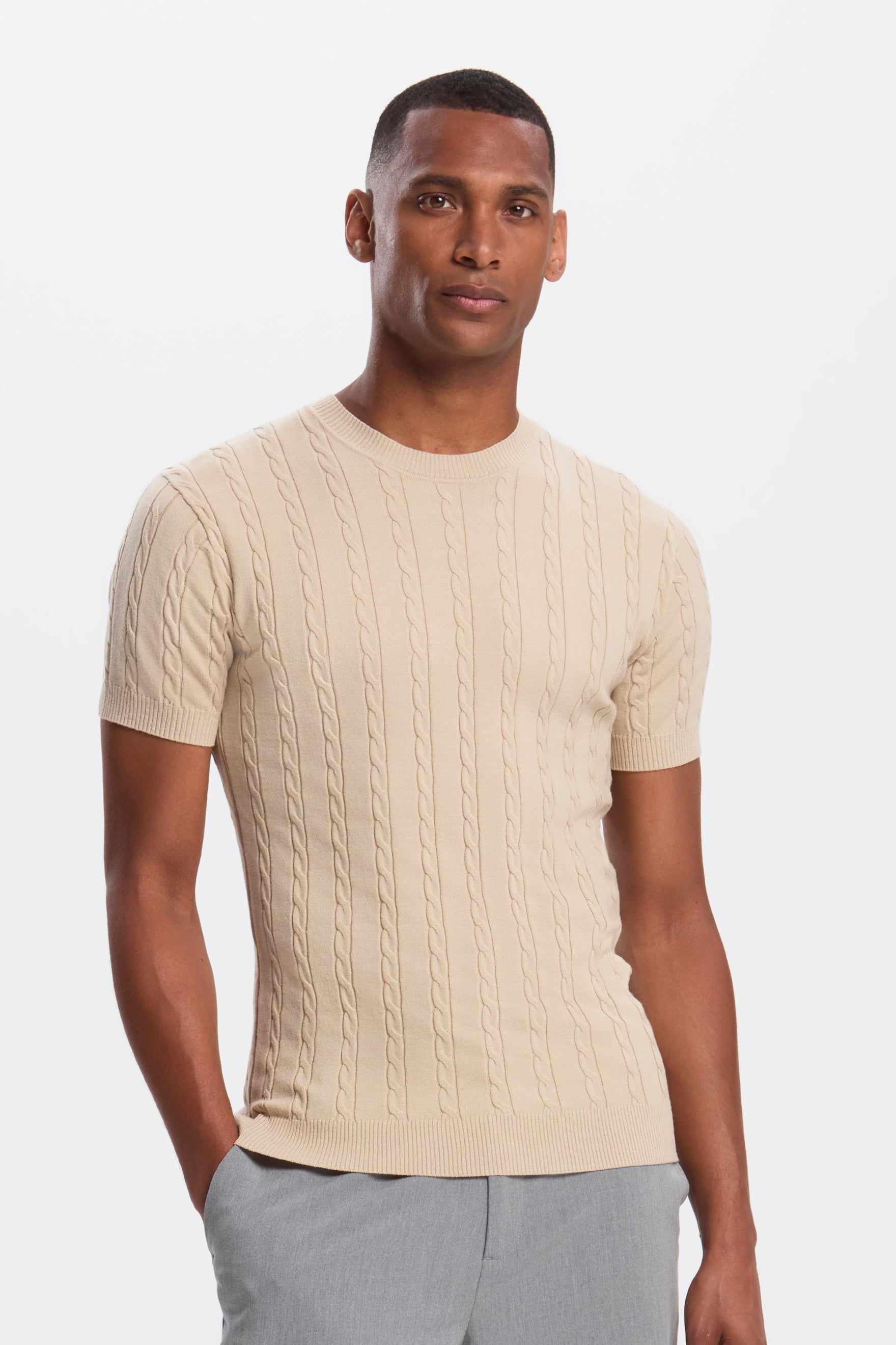 THE CABLE SHORT SLEEVE T-SHIRT - Mid Taupe