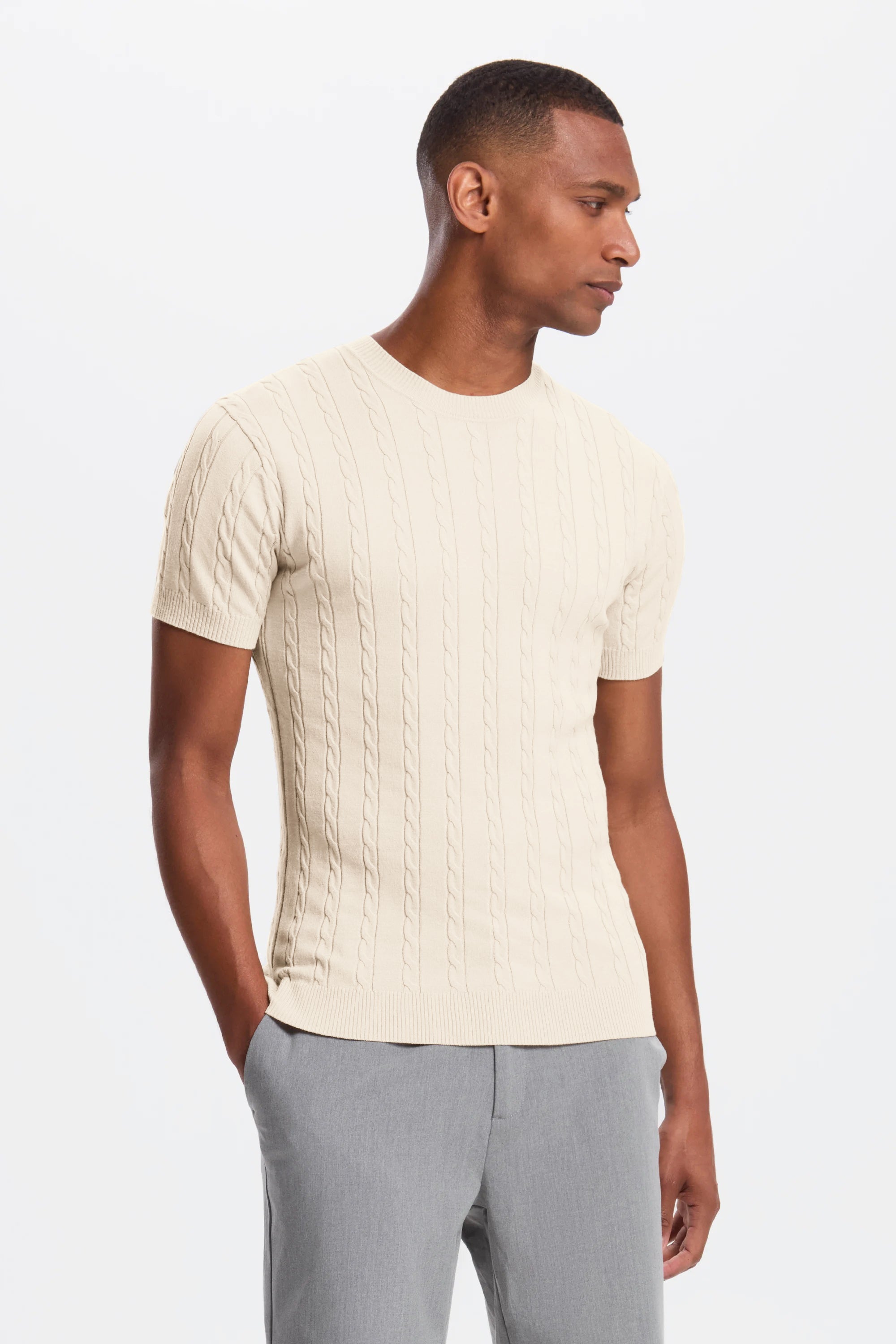 THE CABLE SHORT SLEEVE T-SHIRT - Oat Milk
